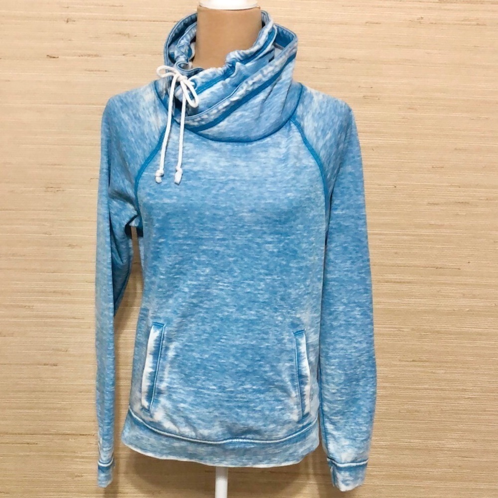 Reebok Sky Blue Distressed Drawstring Cowl Neck Pullover Sweatshirt size Small